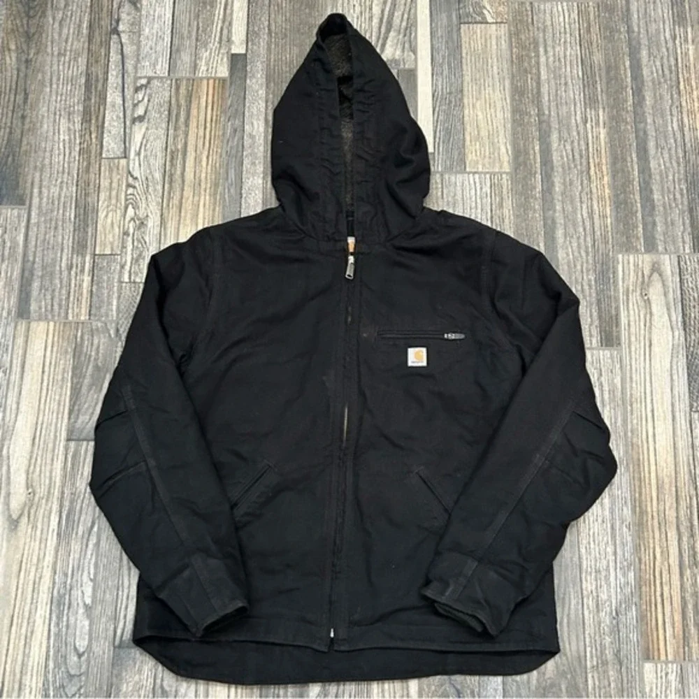 🔥 CARHARTT‎ Black Washed Duck Sherpa-Lined Canvas Hooded Jacket Women Lg - EUC